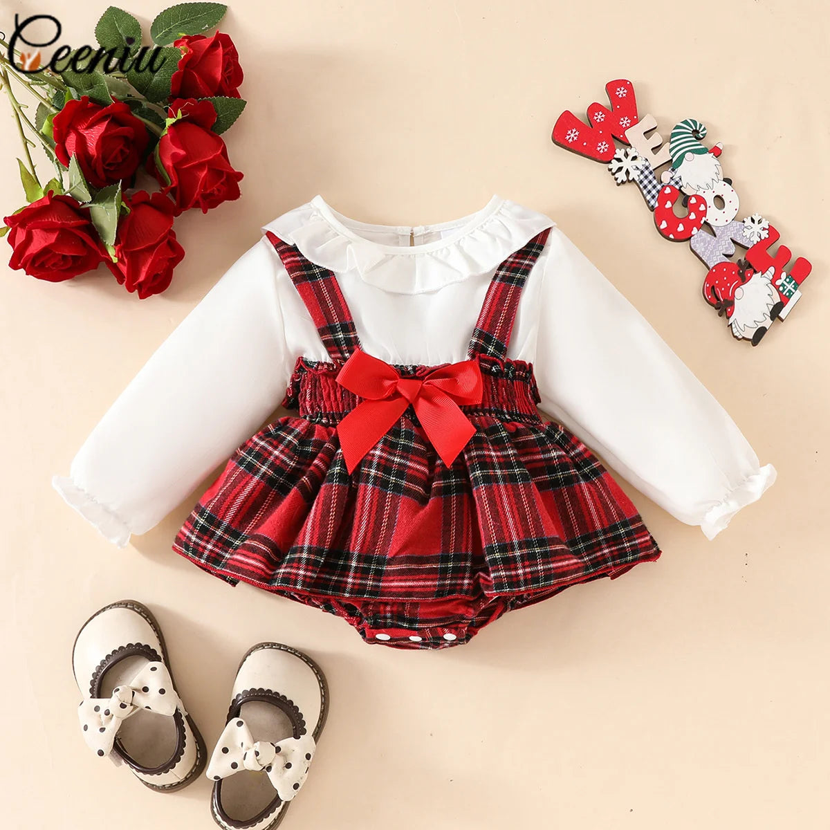 Ceeniu Baby Christmas Romper Dress Girls Lace Collar Patchwork Red Plaid Bodysuit For Newborns My First New Year Girl Clothes