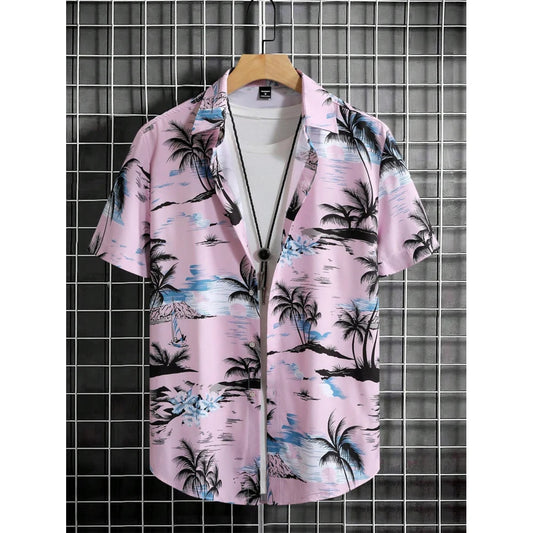 Men's Coconut Tree Graphic Print Short Sleeve Lapel Shirt Tops Men's Casual Button down Shirts Clothing Versatile Shirts