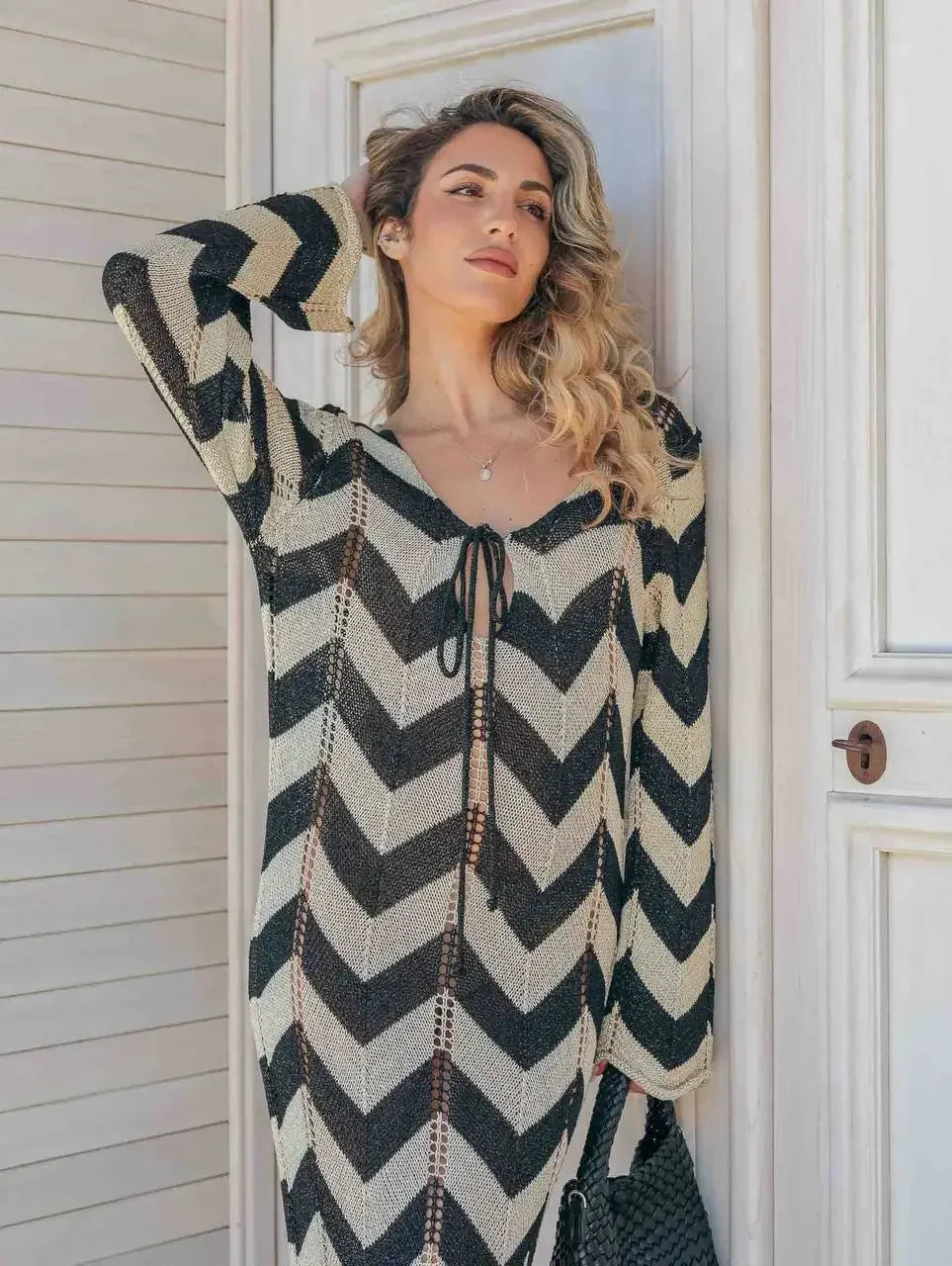 2025 Women's  Stripled Long Sleeve Slim Elegant Knitted Maxi Dress V Neck Autumn New Lace Up Hollow Sexy Beach Cover Up Dress
