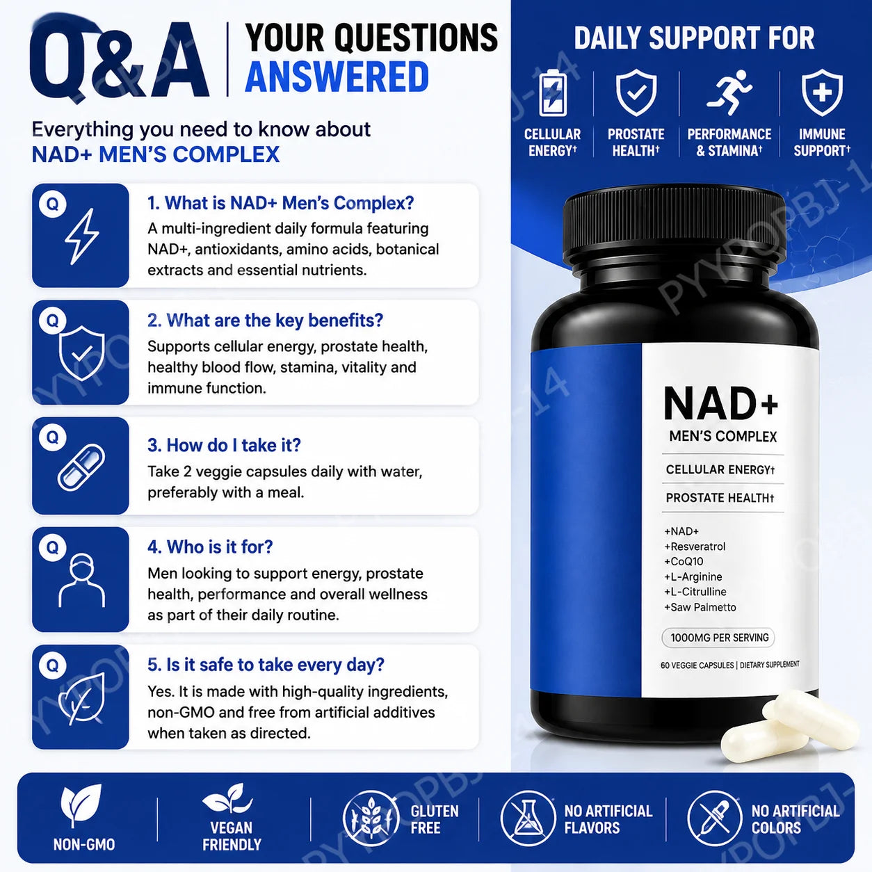 Men's Wellness Complex with NAD+ CoQ10 Resveratrol  L Arginine Daily Energy Vitality Support 60 Veggie Capsules