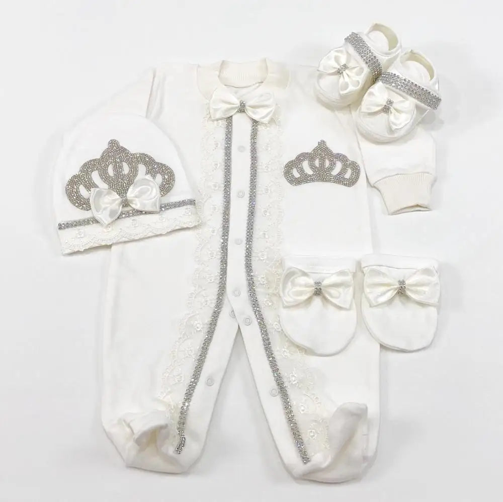 Dollbling Baptism Outfit Boy Prince Luxury Bling Christening Coming Home Romper Bonnet Set Mittens Nursery Hospital Clothing set