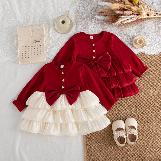 Baby Girl Dress Spring/Fall Red Long-Sleeve Bow Girls Dress Adorable Christmas Baby Dress Baby Girl Clothing