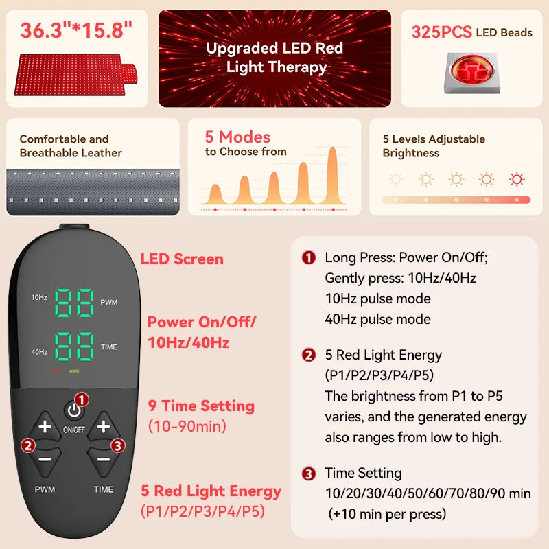 KEMOKO Red Light Therapy 660nm 850nm, Infrared LED Mat for Back and Waist Pain, Muscle Soreness Relief, Large Size 36.3" x 15.8"