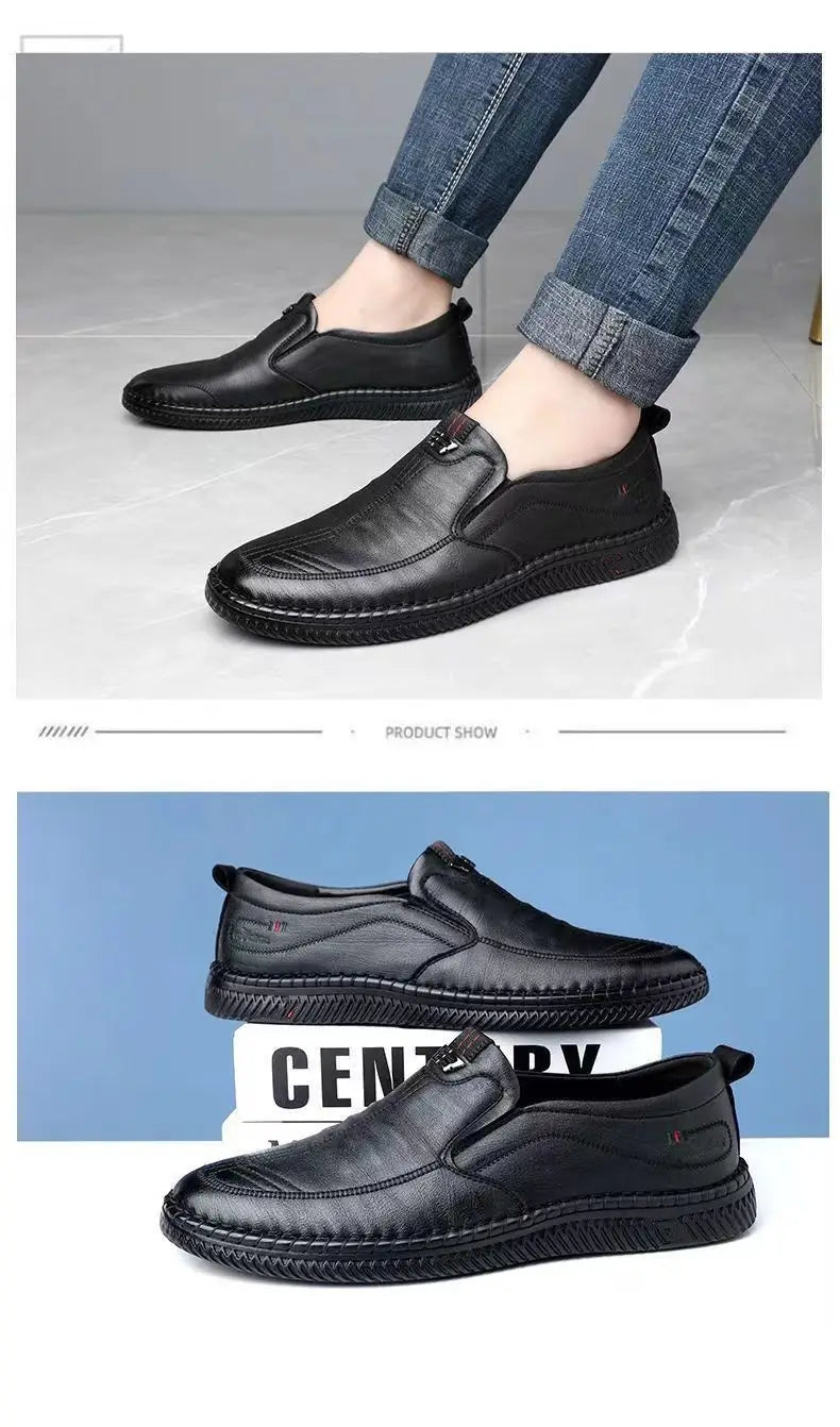 Men's Casual Thick Bottom Soft Sole Leather Shoes Dad Style Versatile Low Top Spring Autumn Season Breathable Slip-On Shoes