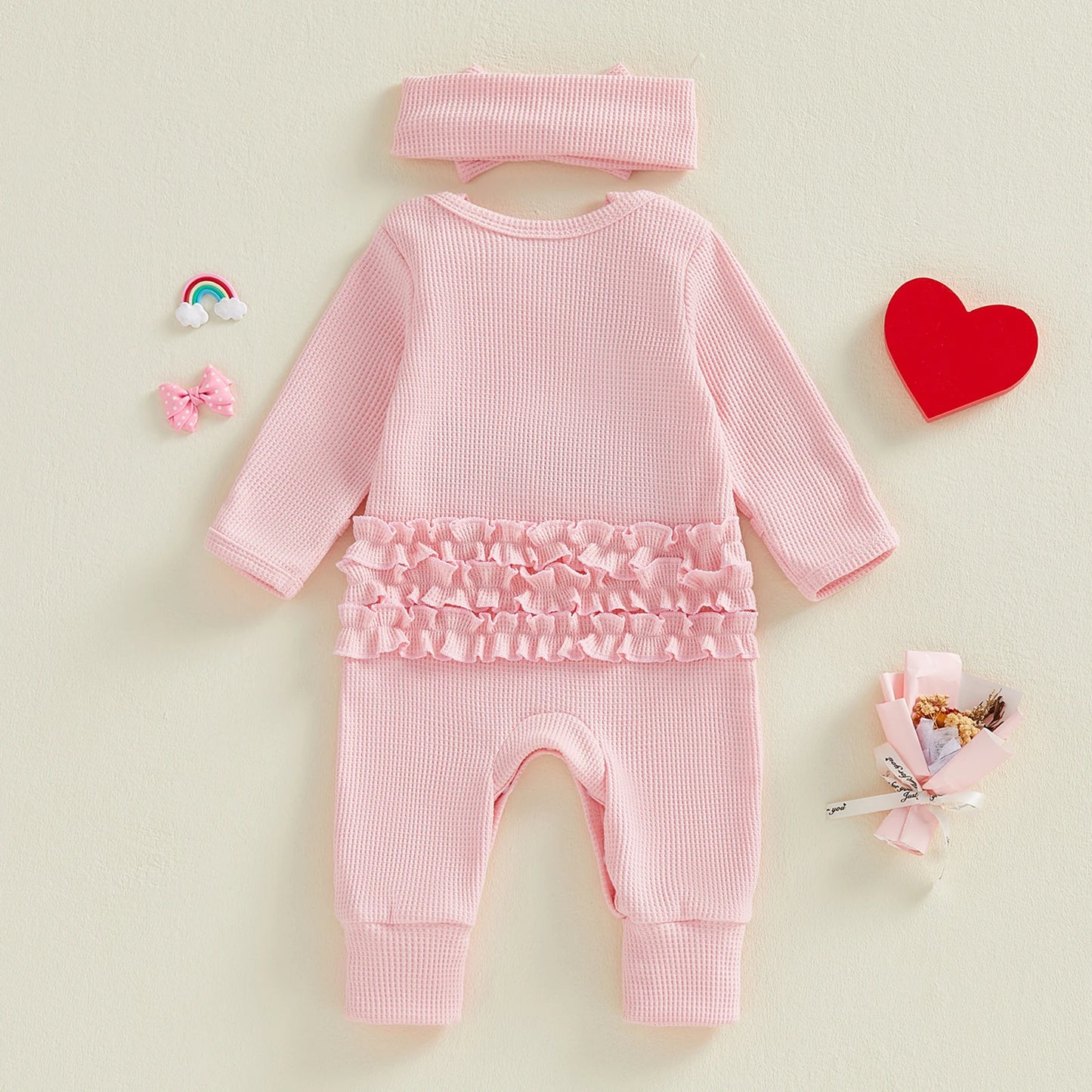 Spring Valentine's Day Infant Baby Girls Bodysuit Waffled Letter Embroidery Long Sleeve Jumpsuit Bow Headband Clothes