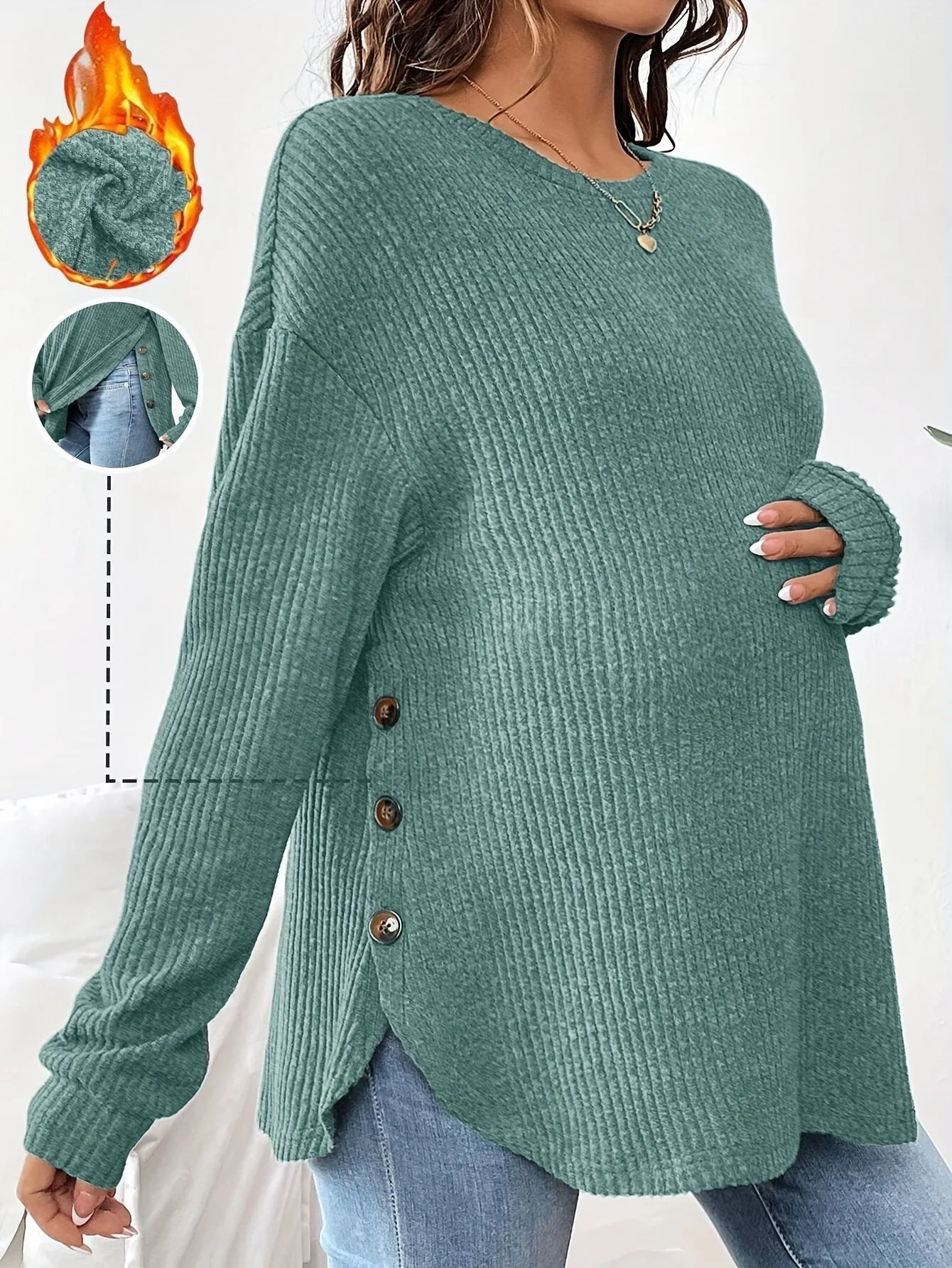 Pregnant Women's New Top For Autumn And Winter Casual Pullover Round Neck Long Sleeved Button Sweater