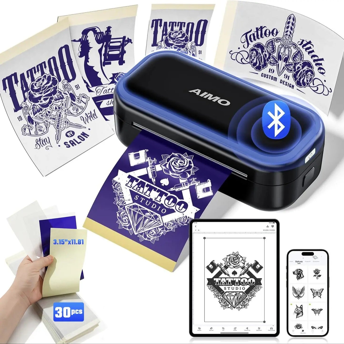 AIMO MR3 Mini Wireless Tattoo Stencil Printer Transfer Tattoo Printer with 30pcs Tattoo Transfer Paper for Tattoo Artist