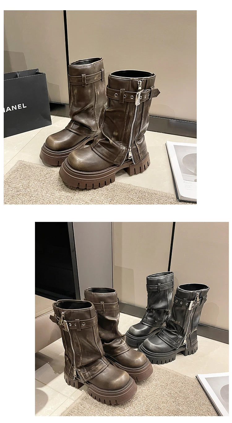 2025 Winter Designer Women Mid-calf Boots Western Short Boots Belt Buckle Soft Leather Boots Fashion Thick Bottom Platform Shoes