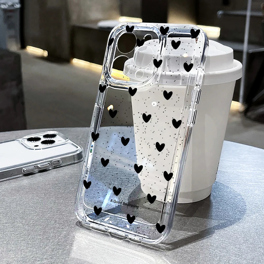 TPU Cute Love Heart Pattern Phone Case For iPhone 17 16 15 14 13 12 11 Pro Max X XS XR 7 8 Plus Shockproof Silicone Clear Cover
