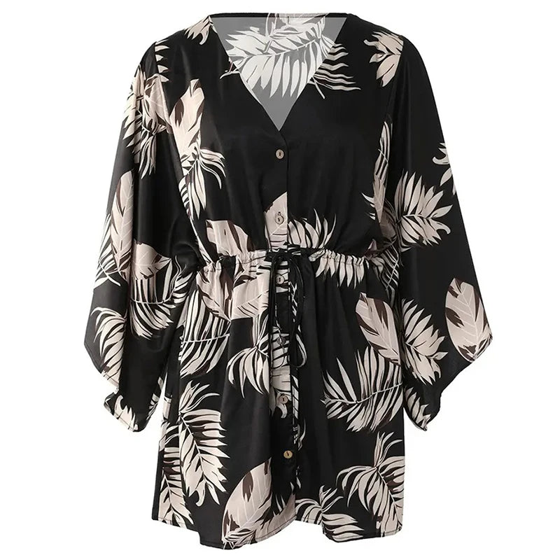 Women Casual Loose Dress Beach Boho Dress Fashion Vintage Print V Neck Drawstring Mini Dress Summer Dresses Robe Femme 2022