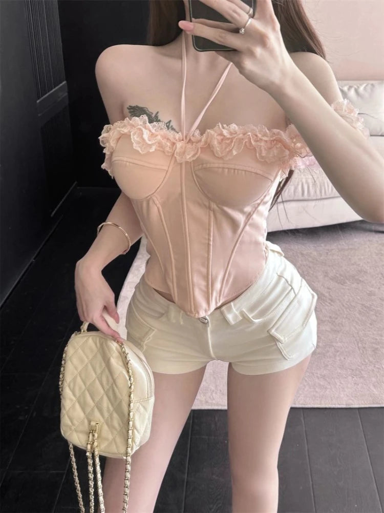 France Lace Pink Camisole Women Hot Girl Sweet Design Off Shoulder Slim Hollow Out Solid Vest Female Elegant Fashion Clothes
