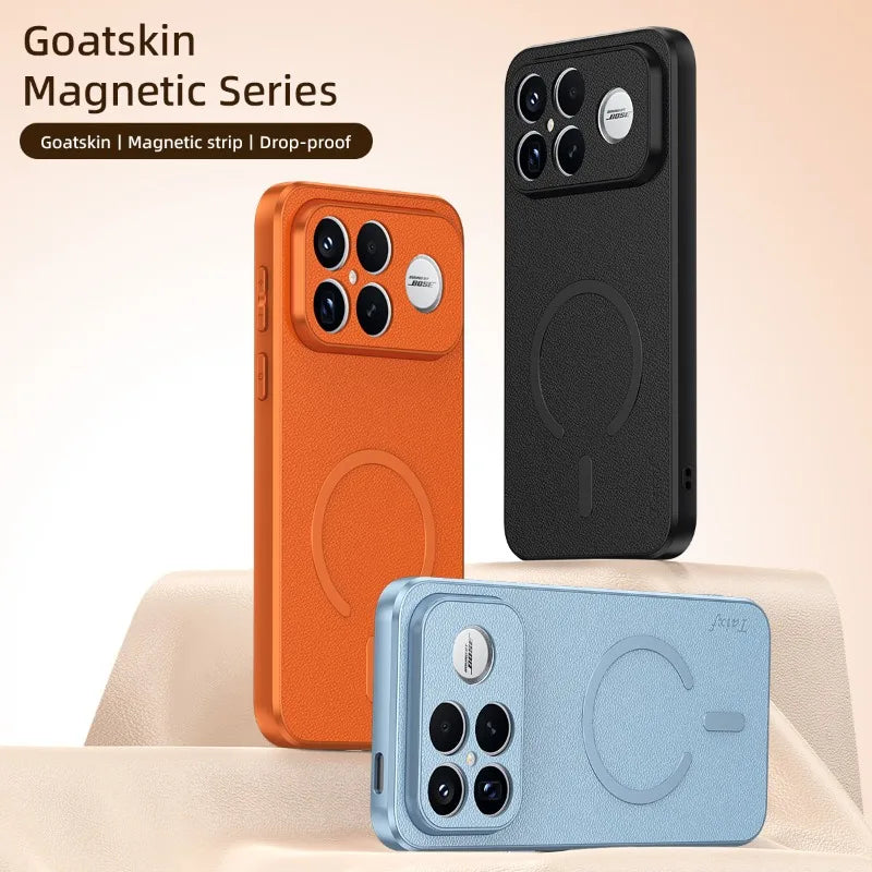 For POCO F8 Ultra Goat Leather TPU Frame Shockproof Case For Redmi K90 Pro Max Built-in Magnetic Strip Lens Protection Shell