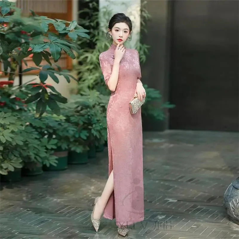 Female Large Size 6XL Maxi Dress Summer Lady Fashion High Fork Long Dresses 2025 Women Solid Color Five Divide Sleeves Cheongsam