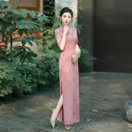 Female Large Size 6XL Maxi Dress Summer Lady Fashion High Fork Long Dresses 2025 Women Solid Color Five Divide Sleeves Cheongsam