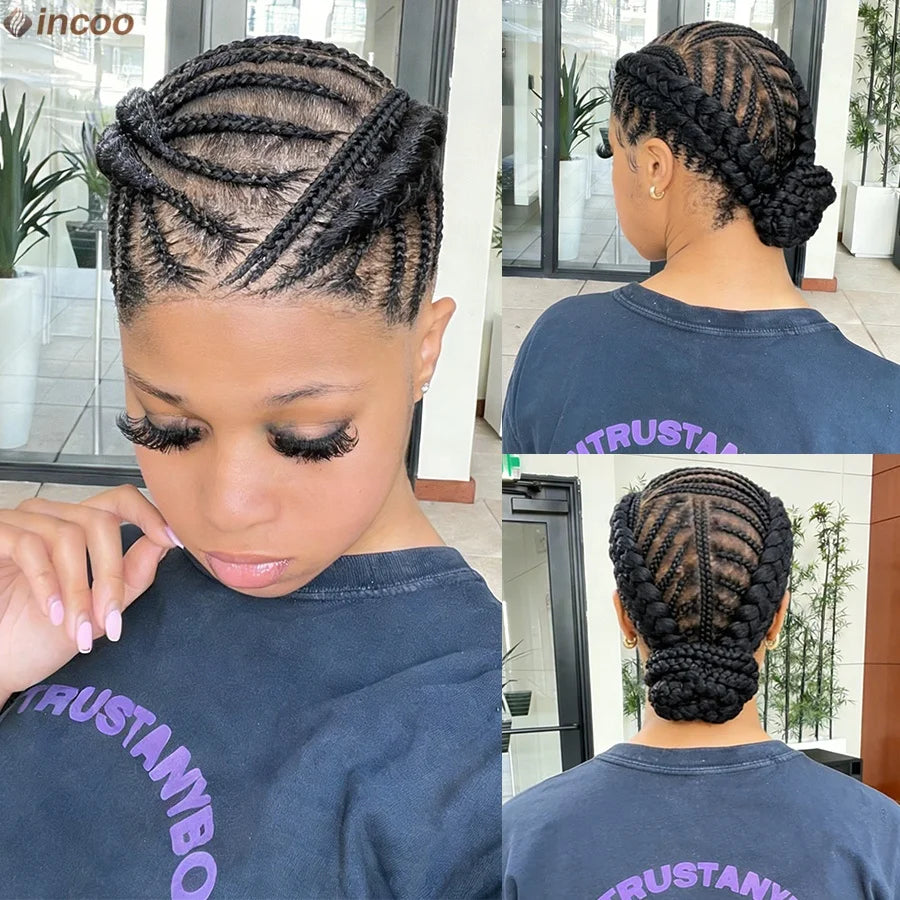 Synthetic Handmade Bantu Braided Wigs Full Lace Cornrow Braids Full Lace Wigs Bun Box Braids Wigs With Baby Hair For Women 12''