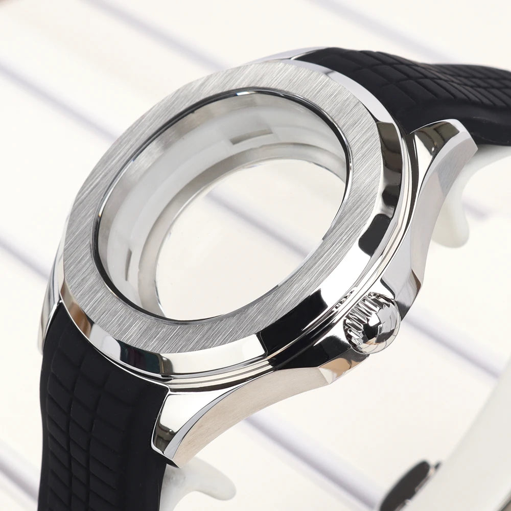 42mm Silver NH35 Watch Case Polished Brushed Black strap SapphireGlass For Nautilus AQUANAUT Cases Part NH35 NH36 NH38 32mm Dial