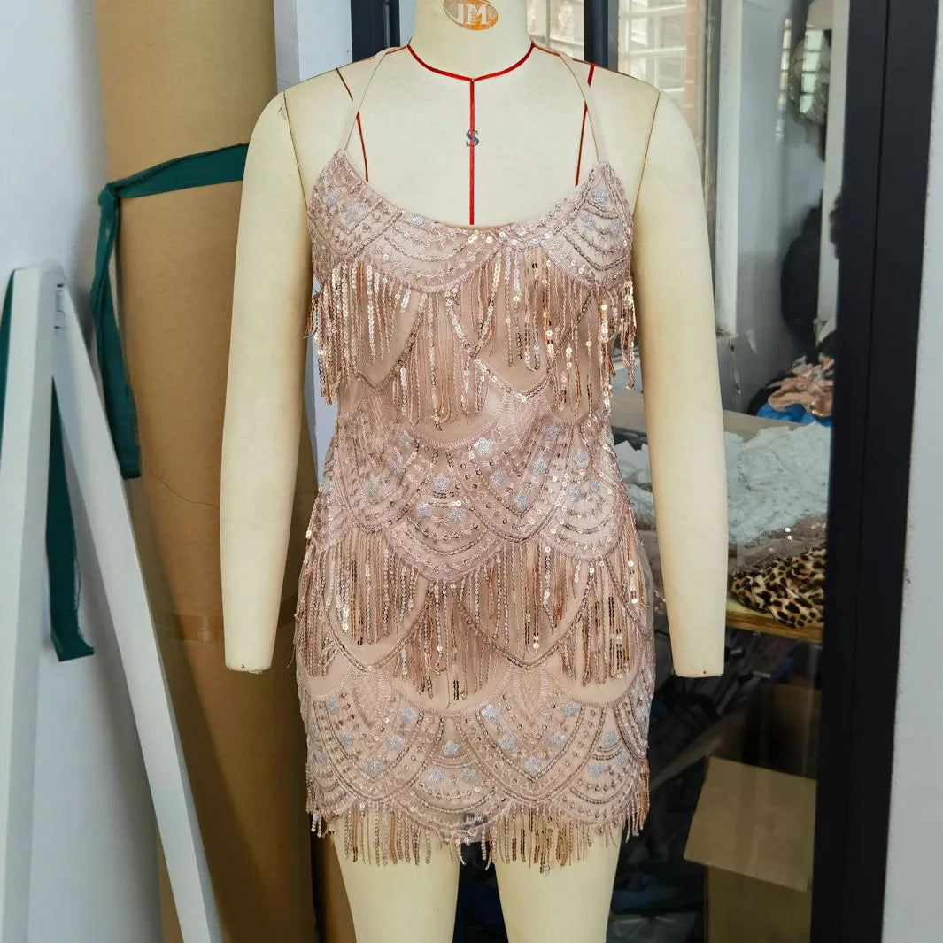 Prom Dress Tassel Spaghetti Strap Women Fashion Sexy Mini Welcome Dress Evening Dresses Elegant Party Club Cocktail Dress HWY240