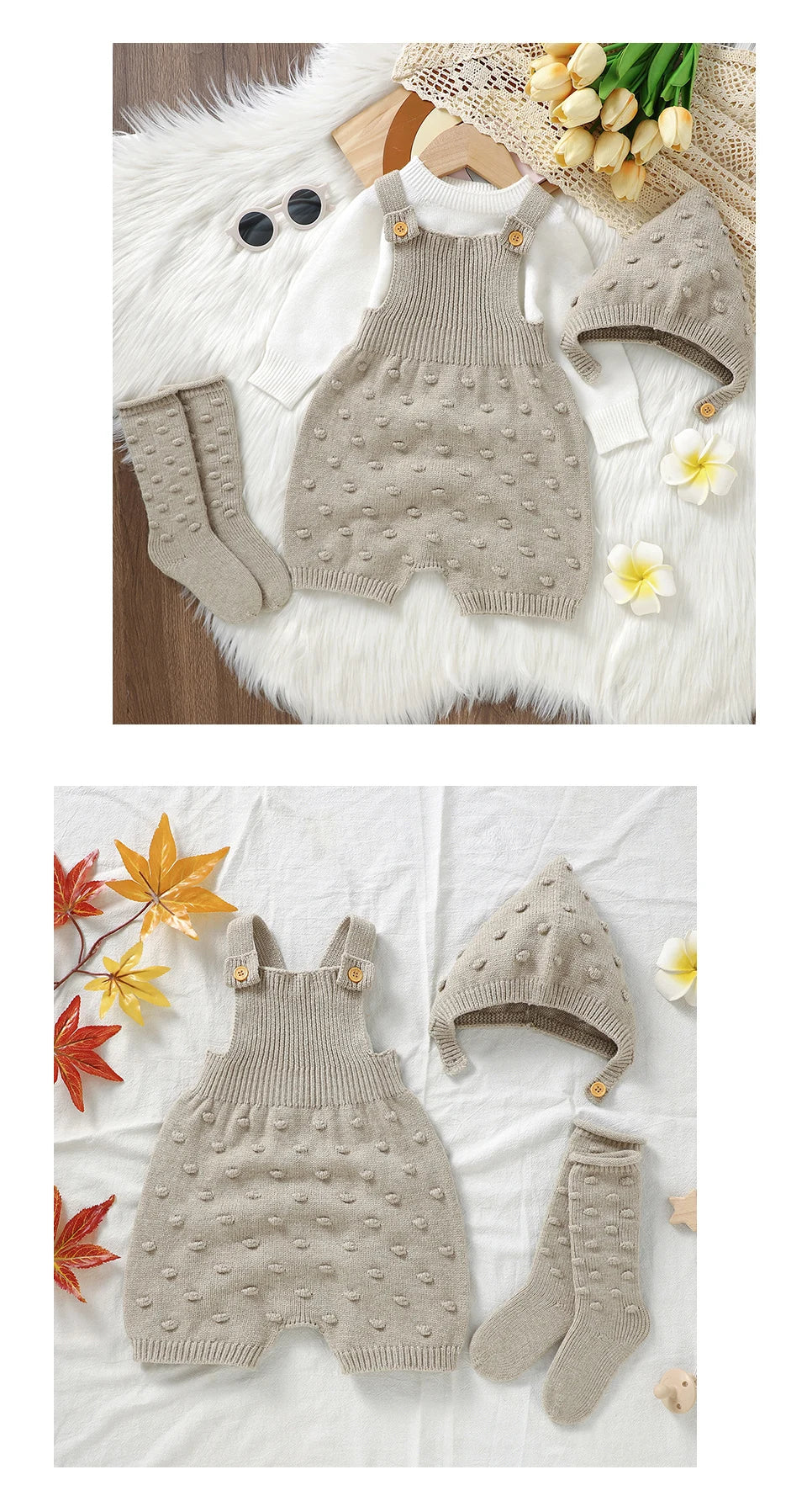3pcs/Set Baby Clothes Solid Dots Crocheted Newborn Infant Girls Sleeveless Knitted Rompers Hats Socks Outfits 0-18m Infant Suits