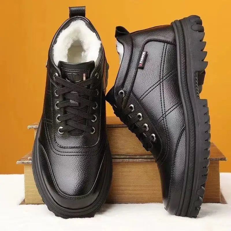 Men's Winter Thickened Warmth Casual Shoes Fleece Lined Business Style Leather Shoes Low Top Lace up Comfortable Alligator Pa...