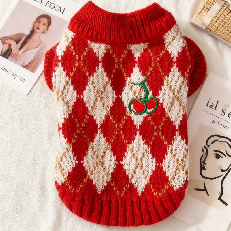 Winter Dog Knit Sweater Soft Dog Clothes Cute Plaid Puppy Sweater Cherry Print Cat Pullovers Pet Warm Turtleneck Poodle Apparel