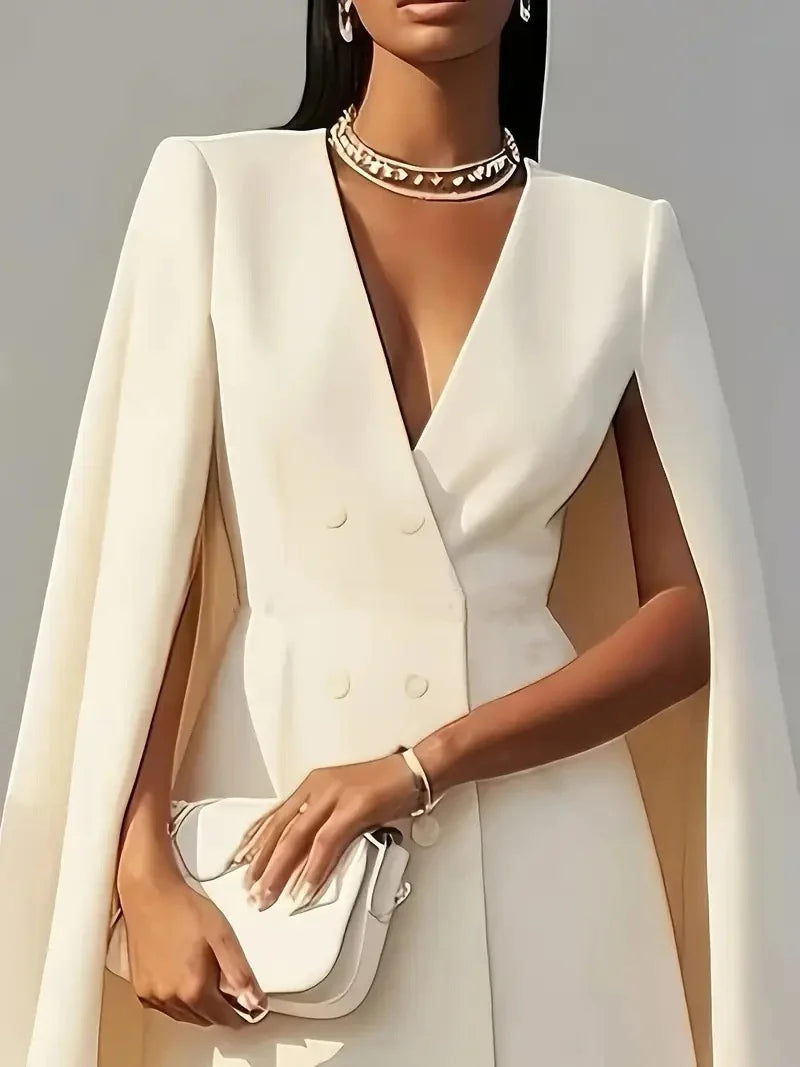 2025 Autumn Solid Color Blazer Dresses Woman Double Breasted Decoration A-Line Office Dress Lady Elegant Party Shawl Cape Dress