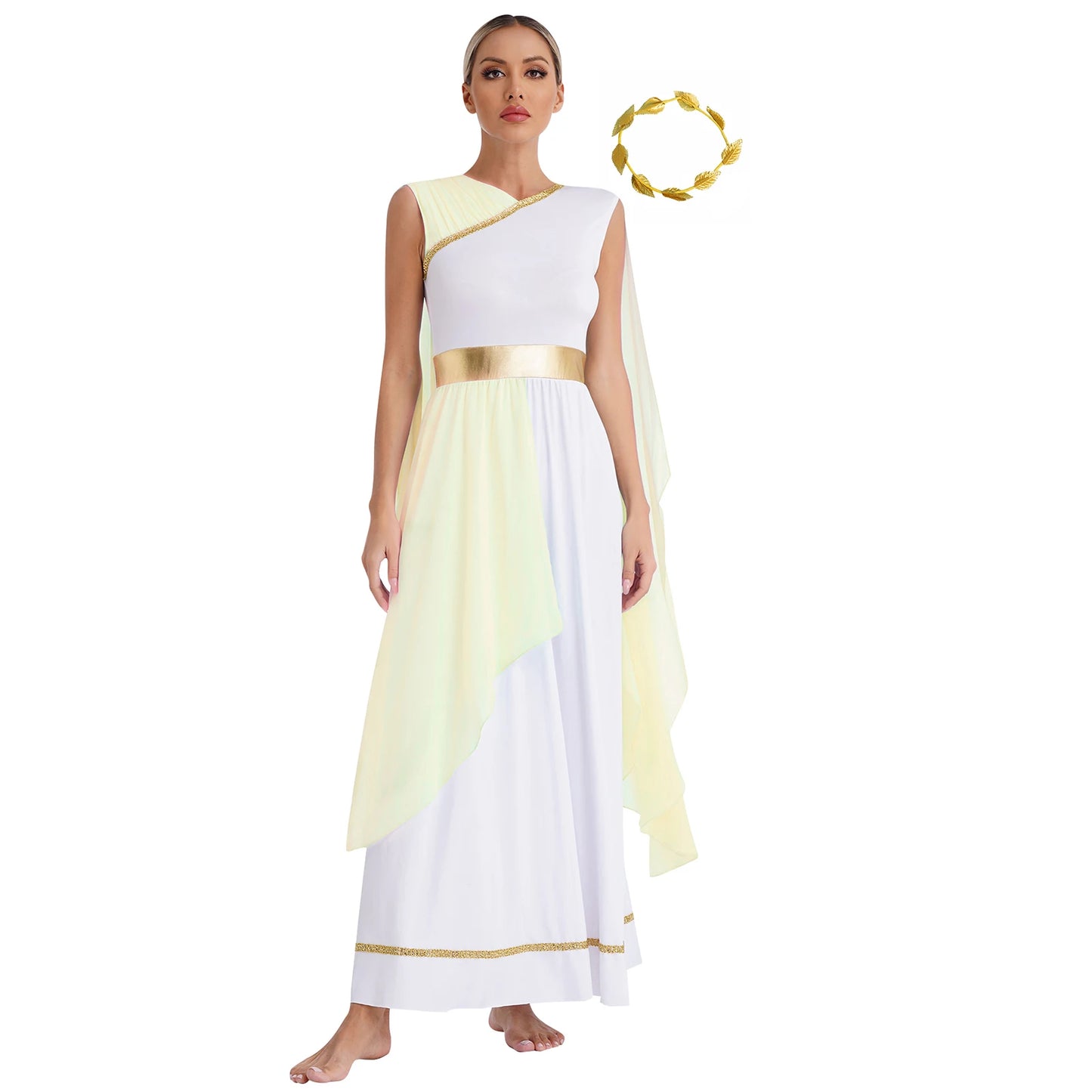 Womens Halloween Greek Beauty Carnival Cosplay Party Costumes Gold Leaves Garland Headwear And Cap Sleeve Ancient Toga Dress