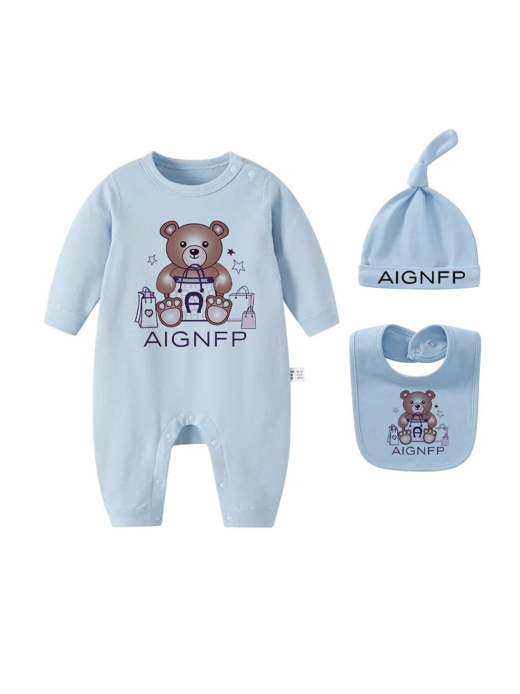 Cute Bear Jumpsuit Newborns Autumn Clothes 2025 Hot Sale New Soft Bib scarf Hat Toddler Romper Sets Baby Long sleeves Bodysuits
