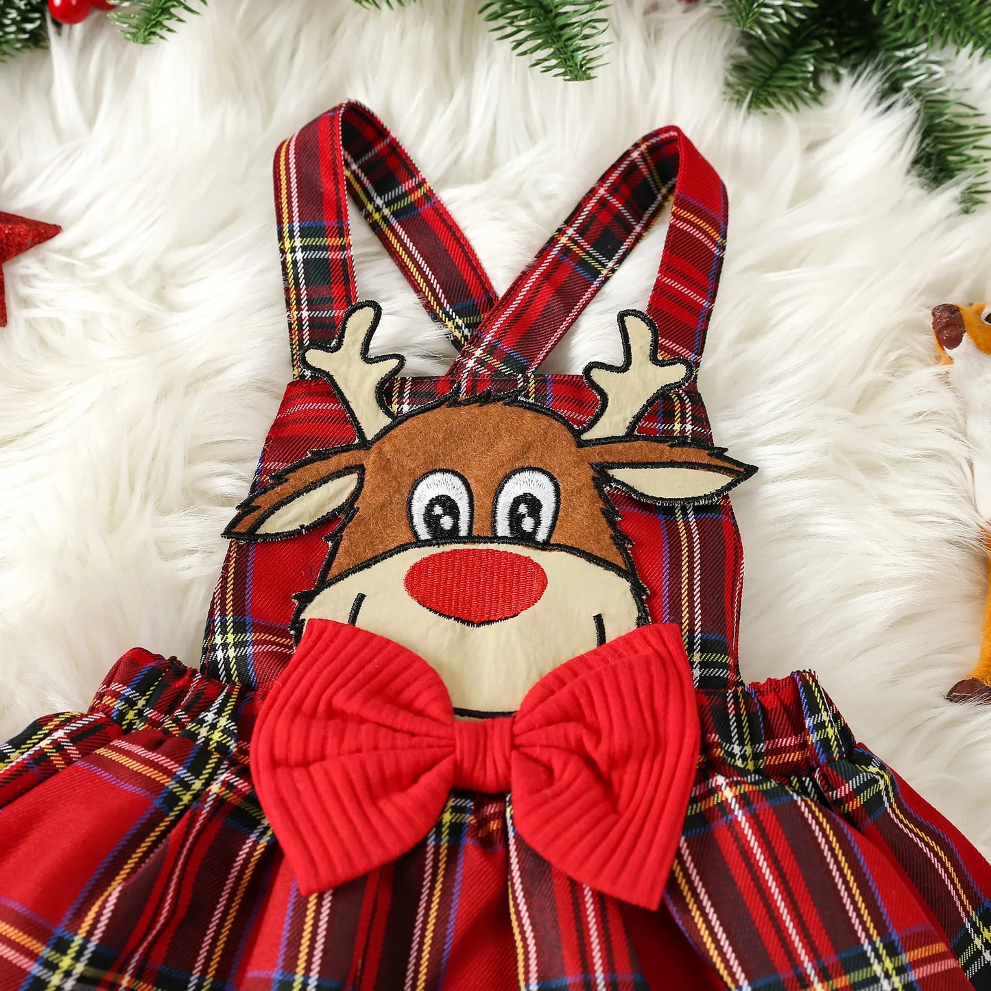 Prowow Baby Girls Christmas Outfits Set Red Bodysuit+Plaid Deer Suspender Dress Set 3pcs My First New Year Costume For Baby 2026