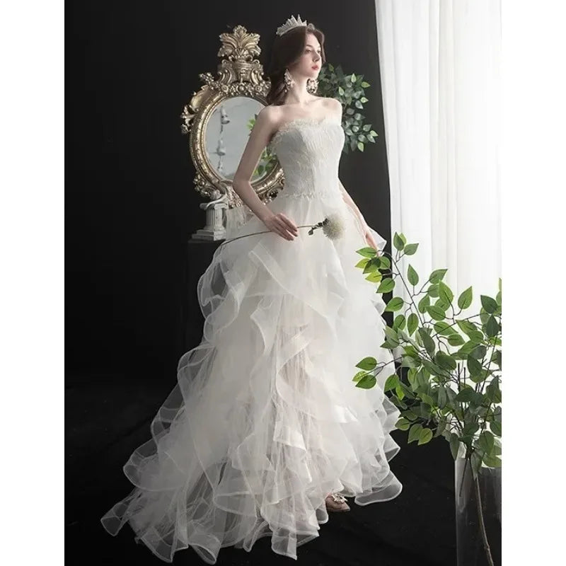New Front Short Long Back Strapless Wedding Dress Sweet Bride Dress