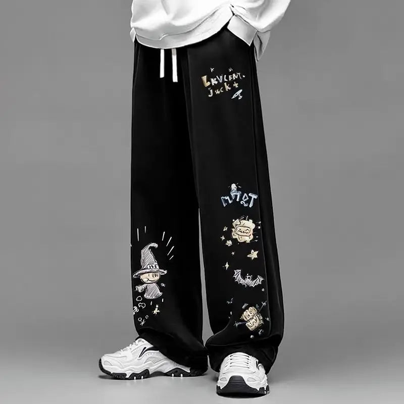 American Retro Graffiti Print Casual Pants for Men, Spring and Autumn Trendy Brand Loose Plus-size Straight Wide-leg Long Pants
