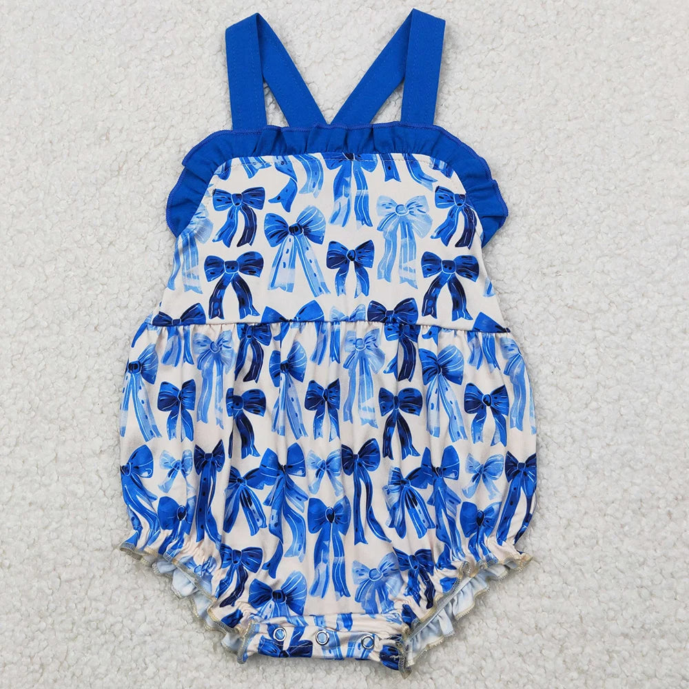 Hot Sale Baby Girls Rompers Blue Flutter Sleeves Bows Ruffle Rompers Boutique Toddler Girls Bubbles Summer Rompers Girls Onesie