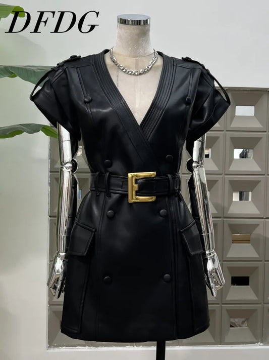 DFDG 2025 Women’s V-Neck Wide Shoulder Overlap Placket Double Breasted PU Leather Bodycon Dress Unique Design Cocktail Dress