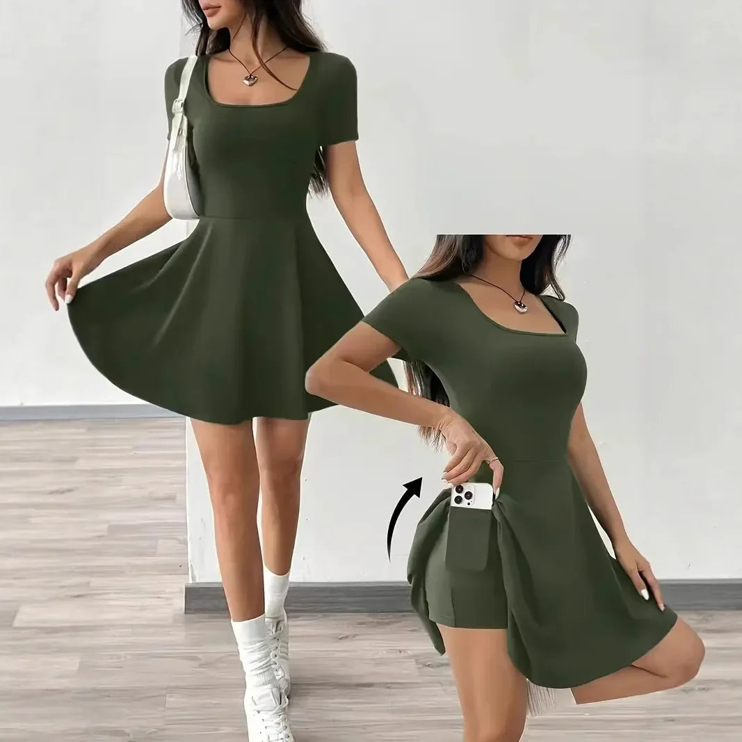 Summer 2025 Brown Knitted Short Casual Dress Mini Skirt Length Polyester Fiber Square Collar Empire Waistline Regular Sleeve
