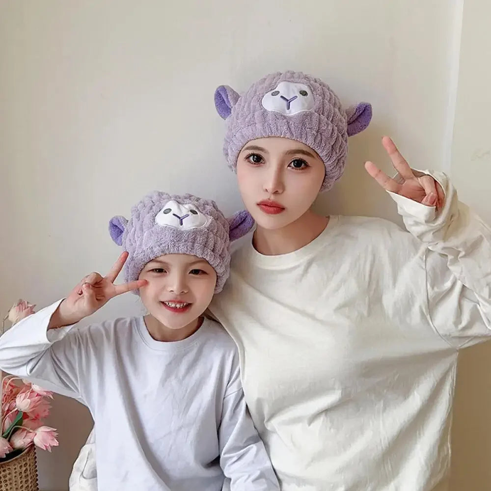 Coral Fleece Cartoon Kids Hair Drying Hat Animal Embroidered Shower Cap Absorbent Quick Dry Tape Cute Bathroom Accessory Soft