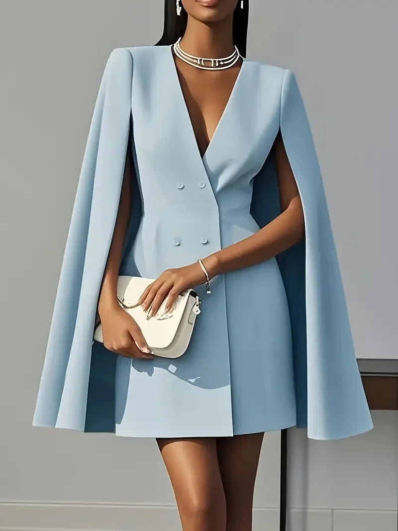 2025 Autumn Solid Color Blazer Dresses Woman Double Breasted Decoration A-Line Office Dress Lady Elegant Party Shawl Cape Dress