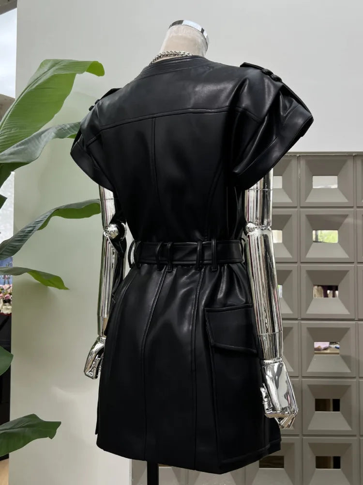 DFDG 2025 Women’s V-Neck Wide Shoulder Overlap Placket Double Breasted PU Leather Bodycon Dress Unique Design Cocktail Dress