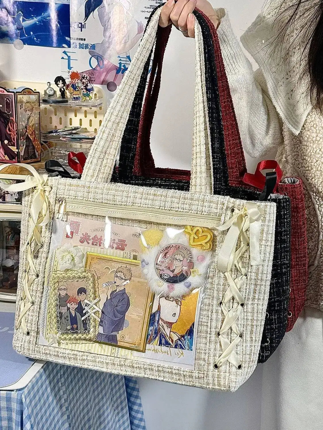 New Y2K Ribbon Bow Japanese Ita Shoulder Bag Cute Girl Transparent Pocket Large Capacity Crossbody Tote Bag DIY Display Handbags