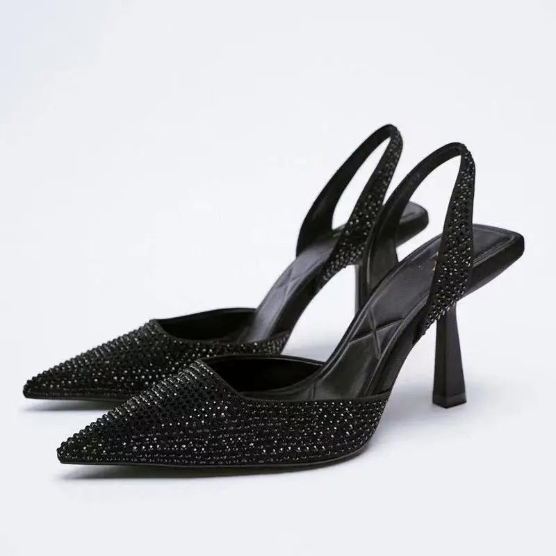 Gold Women Heels Sandals 2024 Summer Crystal Pointed Toe Female Stiletto African Party Rhinestone Shallow Slip on Heel Shoes