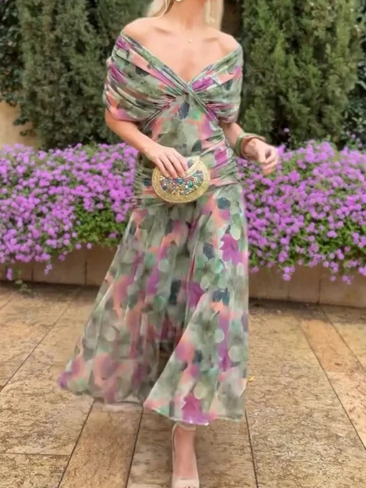 Summer Women Short Sleeve V Neck Sexy Dress, Holiday Female Elegant Fashion Party Dress, 2025 Patchwork Casual Ladies Maxi Dress