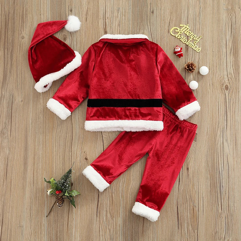 Toddler Baby Boys Girls Santa Costume Velvet Long Sleeve Christmas Jacket + Long Pants +Xmas Hat 3pcs Sets