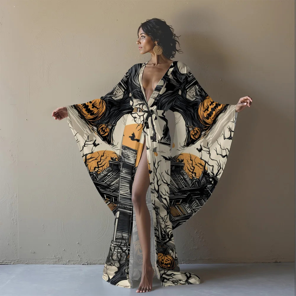 Halloween Cosplay Women's Sexy V-Neck Robe with Abstract Ghost Print - Long Sleeve Party Costume Unique Vampire Witch Long Robe