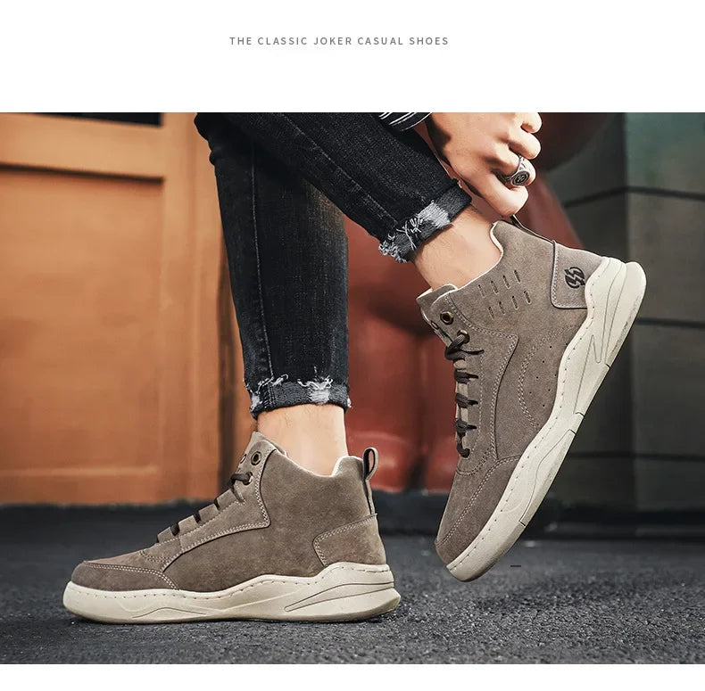 Men's High Top Sport Shoes Winter New Fashion Retro Outdoor Travel Matching Lace up Leather Surface Shoes Comfortable Casual Sne