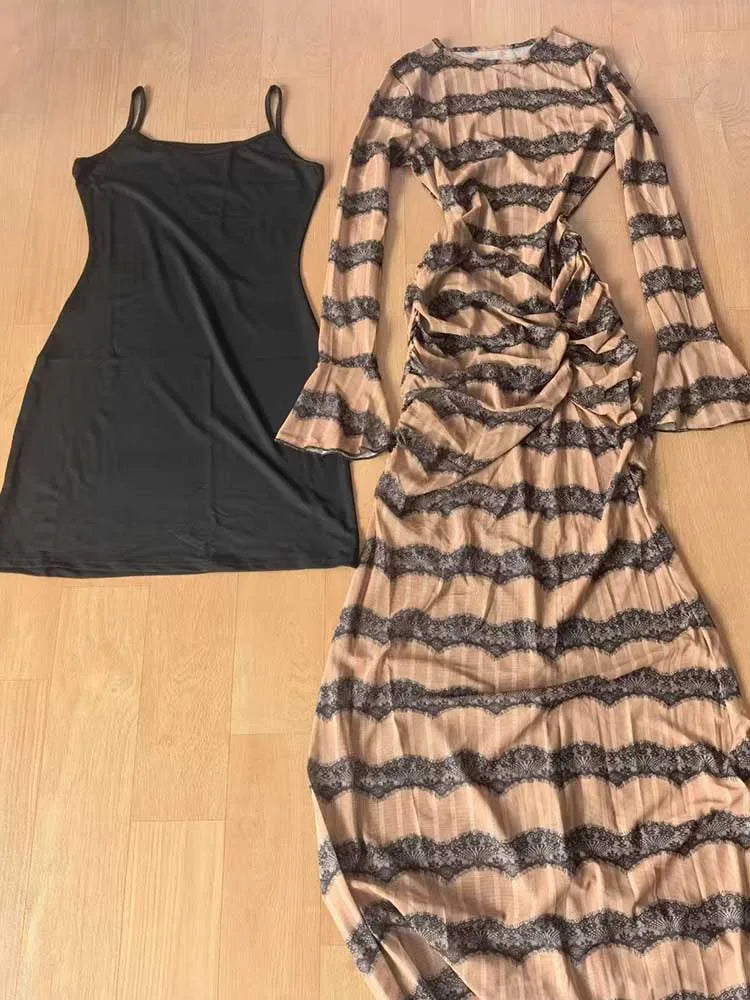 Long Sleeve Maxi Dress Chic for Women High Waist Evening Dress with Drape Sexy Brown Bandage Dress Wholesale Dropshipping