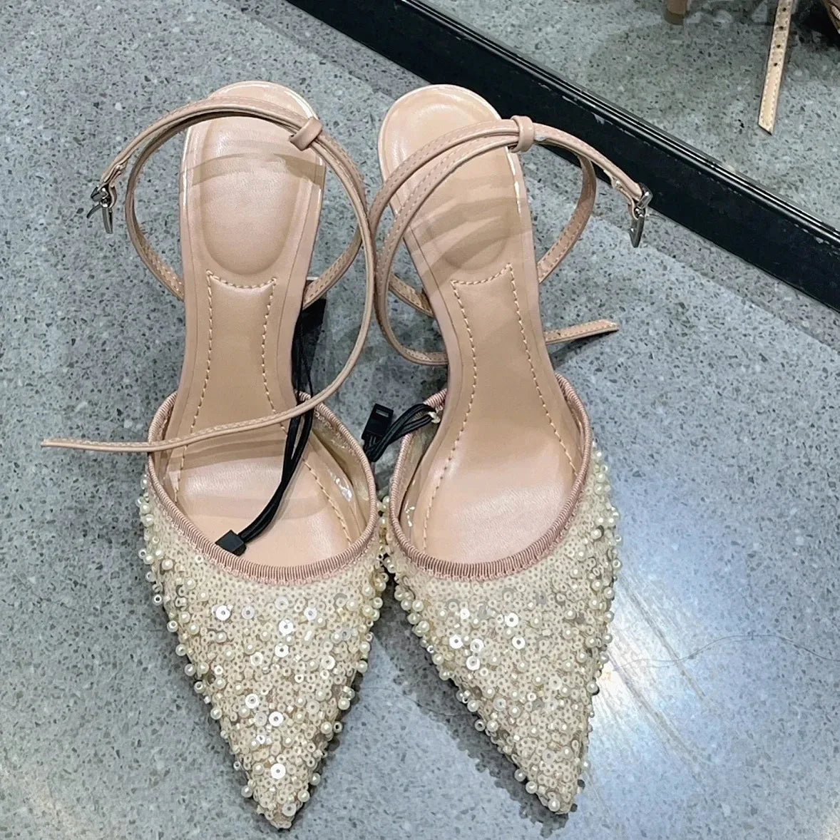 Pumpkin Color Diamond High Heels Pointed Toe Backless Sandals Evening Shoes Low Heel Single Shoes Rubber Upgraded Version