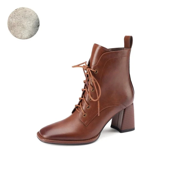 New Autumn/Winter Women Boots Cow Leather Fashion Women Shoes Square Toe High Heel Shoes for Women Lace Up Modern Short Boots