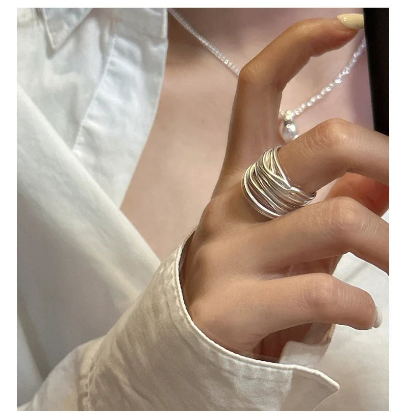 VENTFILLE 925 Sterling Silver Geometric Line Cross Wrap Open Ring For Women Gift Irregular Punk Adjustable Jewelry Dropshipping