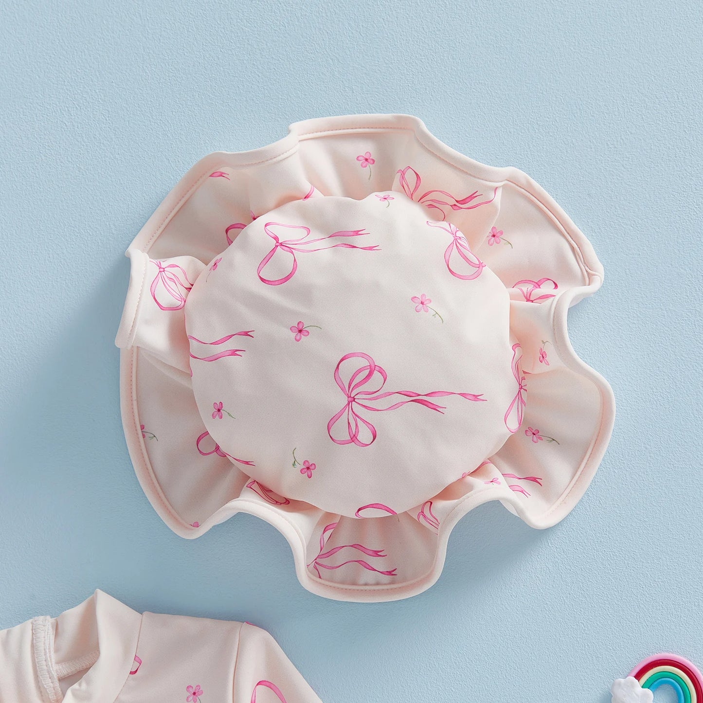 Toddler Baby Girl Rash Guard Swimsuit Bow Print Ruffled Long Sleeve Round Neck Beachwear Jumpsuit and Hat Swimwear 2Pcs Set