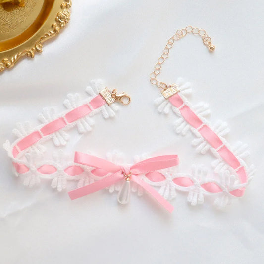Women's Sexy Bow Lace Necklace with Pearl Drop Clavicle Choker in White Pink Black Purple - Elegant Lady Jewelry Gift