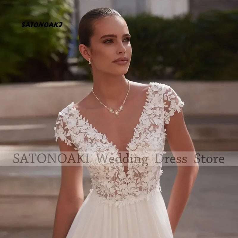 Customized Elegant Simple V-Neck Lace Chiffon Wedding Dress for Women Cap Sleeve Backless Appliques Bride Gown Vestidos De Novia