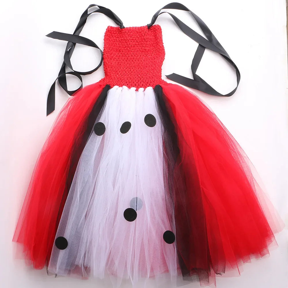 Halloween Crulla Cosplay Costume Cruella Tulle Dress Party Girls Black White Carnival Kids Cruella Wig Lace Mask Suit Clothes